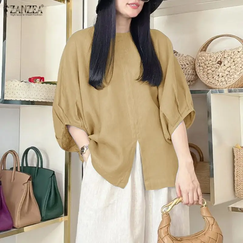 

2026 ZANZEA Stylish Women O Neck 3/4 Sleeve Tops Summer Solid Color Blouse Casual Baggy Work Shirt Mujer Female Chemise Oversize