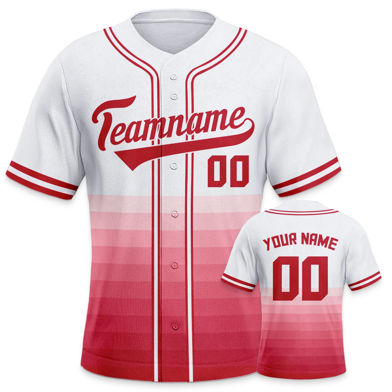 

Custom Baseball Jersey White Red Gradient Baseball Shirts Printed Team Name Number Button Down Uniform for Men Women Youth Kids