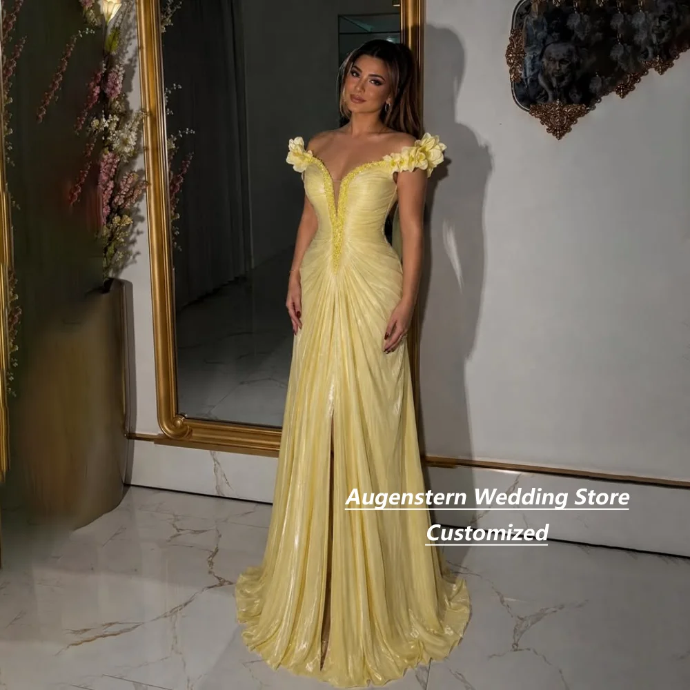 Customized Yellow Pleated  3D Floral Beaded Mother Of The Bride Gown Off Shoulder Deep V High Slit Ruched  Wedding Guest Dress