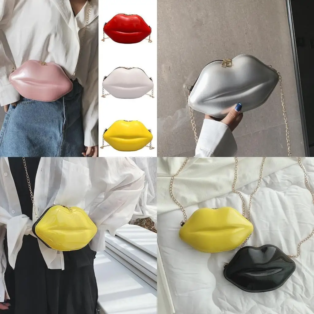 

D46D Plastic Lip Crossbody Bag with Chain Small Shoulder Purse Zippered Handbag