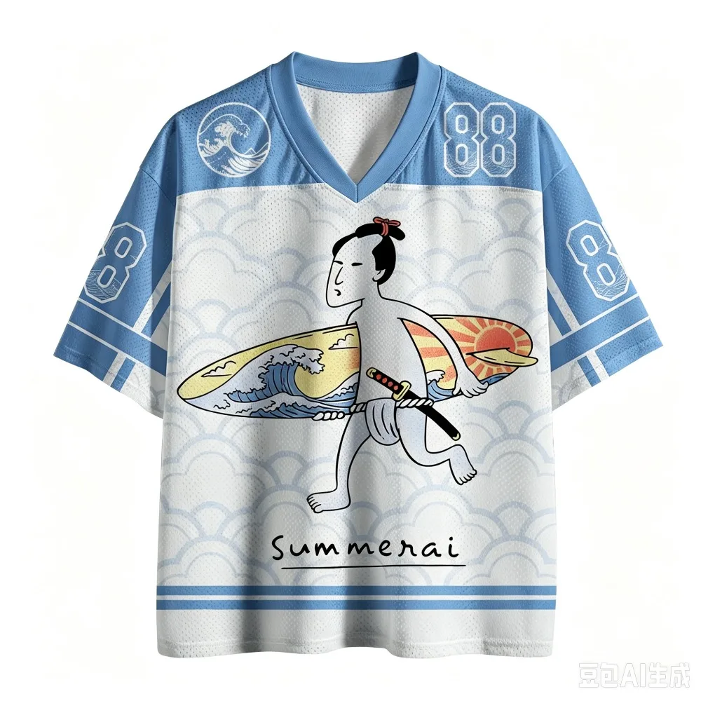Japanese-style Fun Surfing Warrior 3D Print Breathable Sports MenWomenVneck LooseTshirt Fashionable Street Y2K Parental Clothing