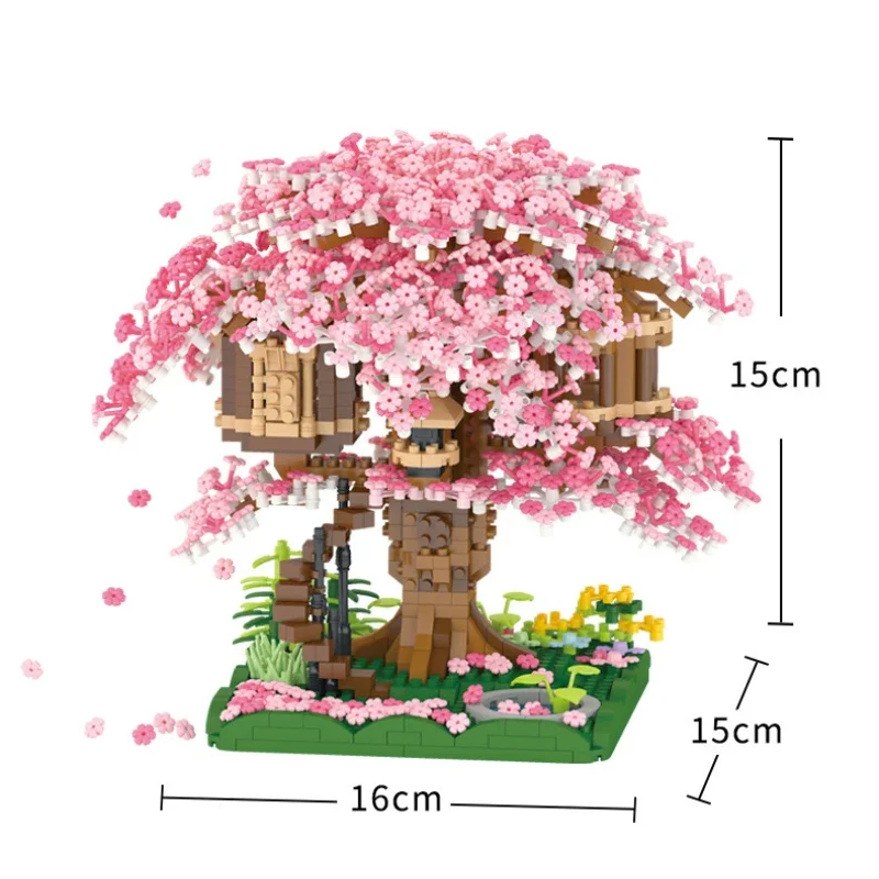 DIY Discoloration Cherry Blossom Flower Pink Tree House Train Assembly Building Blocks Model Bricks Sets Kid Holiday Toys Gifts