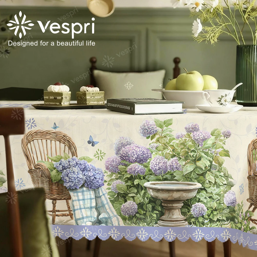 Cottage Tablecloth with Hydrangea Garden, Mushrooms for Indoor/Outdoor Camping decor, Rectangular/Round/Oval