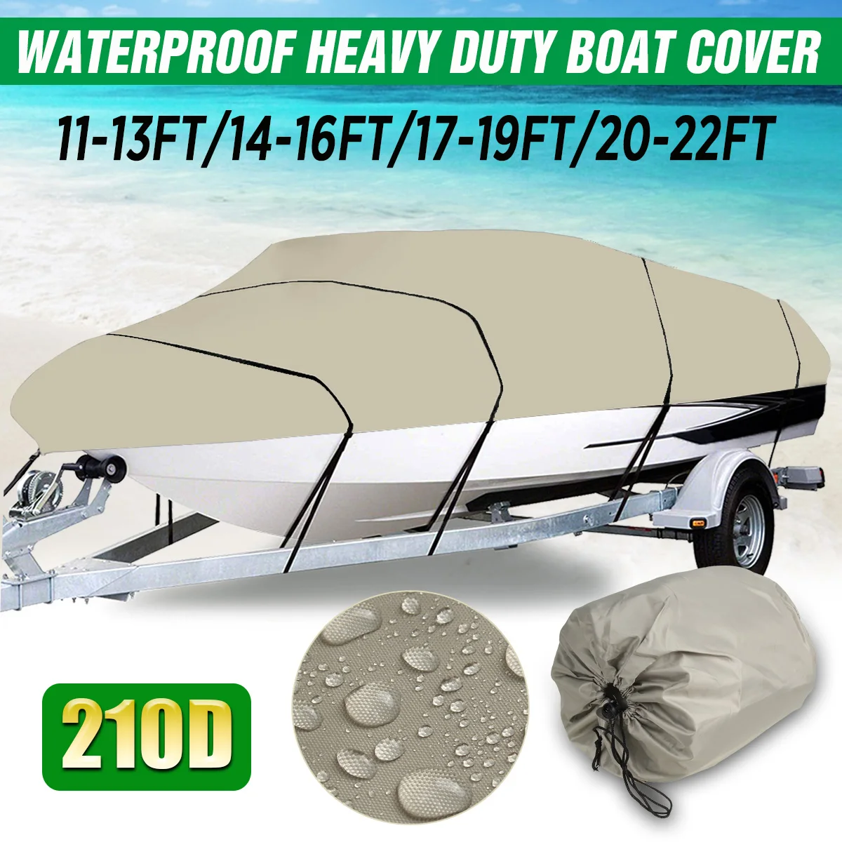 

210D 11-22FT Heavy Duty Boat Cover For Fish Ski Bass V-Hull Runabouts Waterproof
