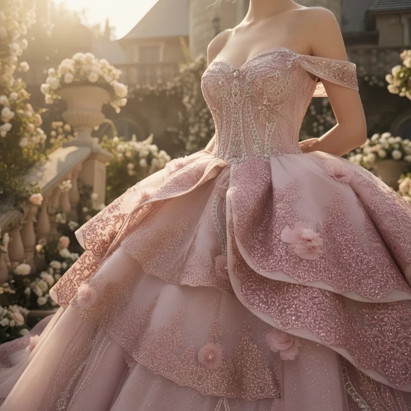 

Pink Quinceanera Dress off-shoulder Glitter layering decal Long tail Bow 3D flower vestidos de 15 Quinceanera ﻿Customize