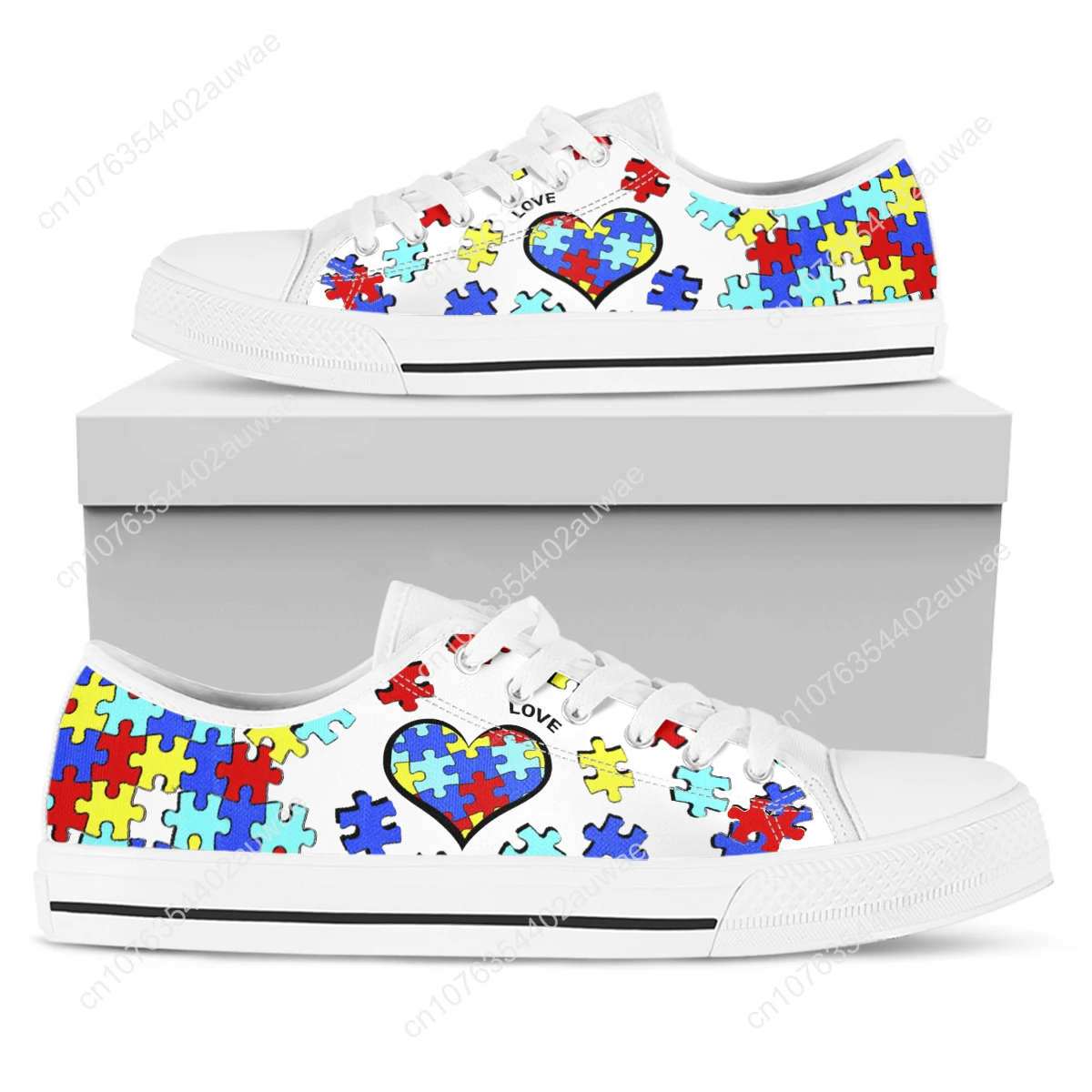 White Autism Awareness Heart Women Shoes New Retro Lowtop Sneakers Shoes For Women Canvas Round Toe Causal Flats Shoes