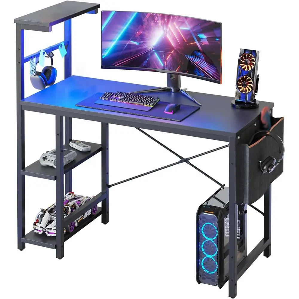 

Gaming Desk with LED Lights, 44 Inch PC Gamer Desk or Small Spaces, Computer Desk with Reversible Storage Shelves & Side Storage