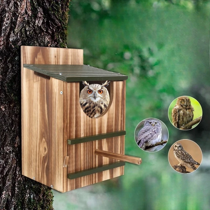 Casa para búhos de madera carbonizada resistente a la intemperie, caja nido multiusos para ardillas, halcones, palomas, refugio para vida silvestre al aire libre.