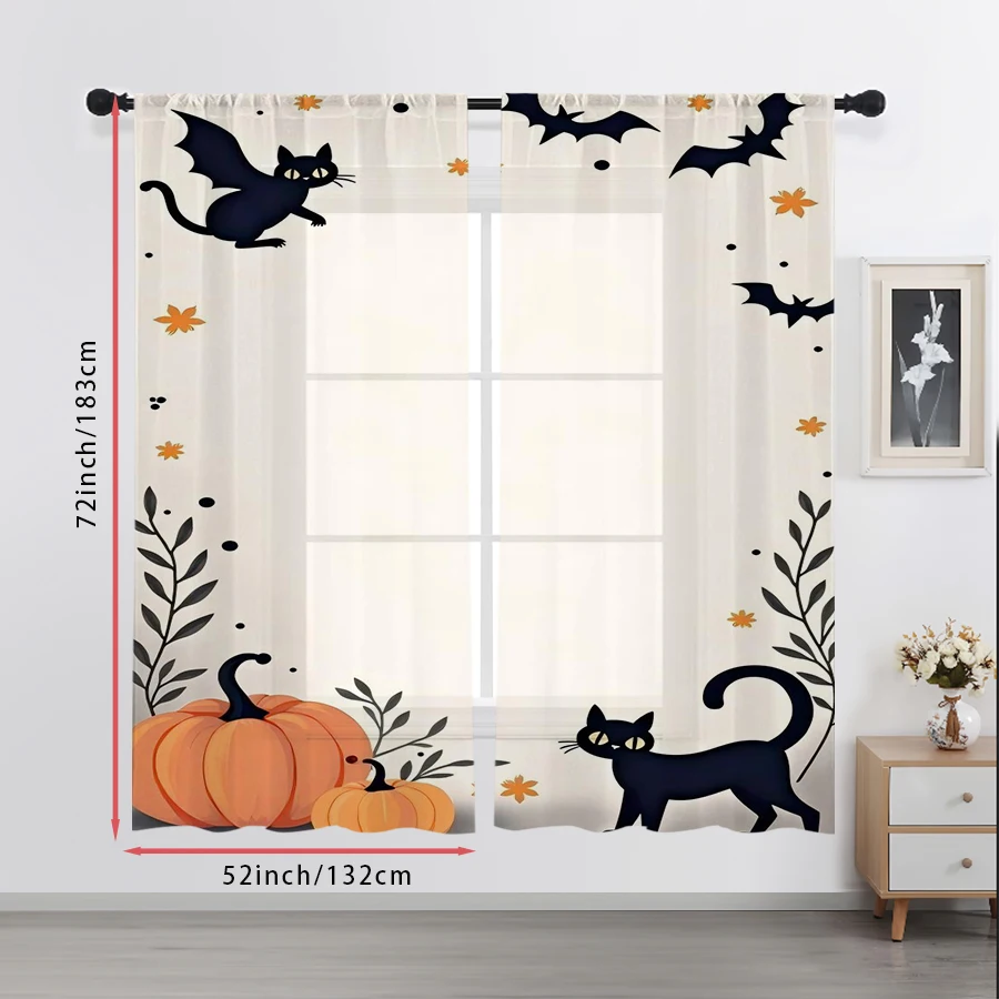 2PCS Digital Print Sheer Curtain, Cute Black Cat Bat Pumpkin Halloween Spooky Window Drapes for Living Room Bedroom Home Decor - view 5