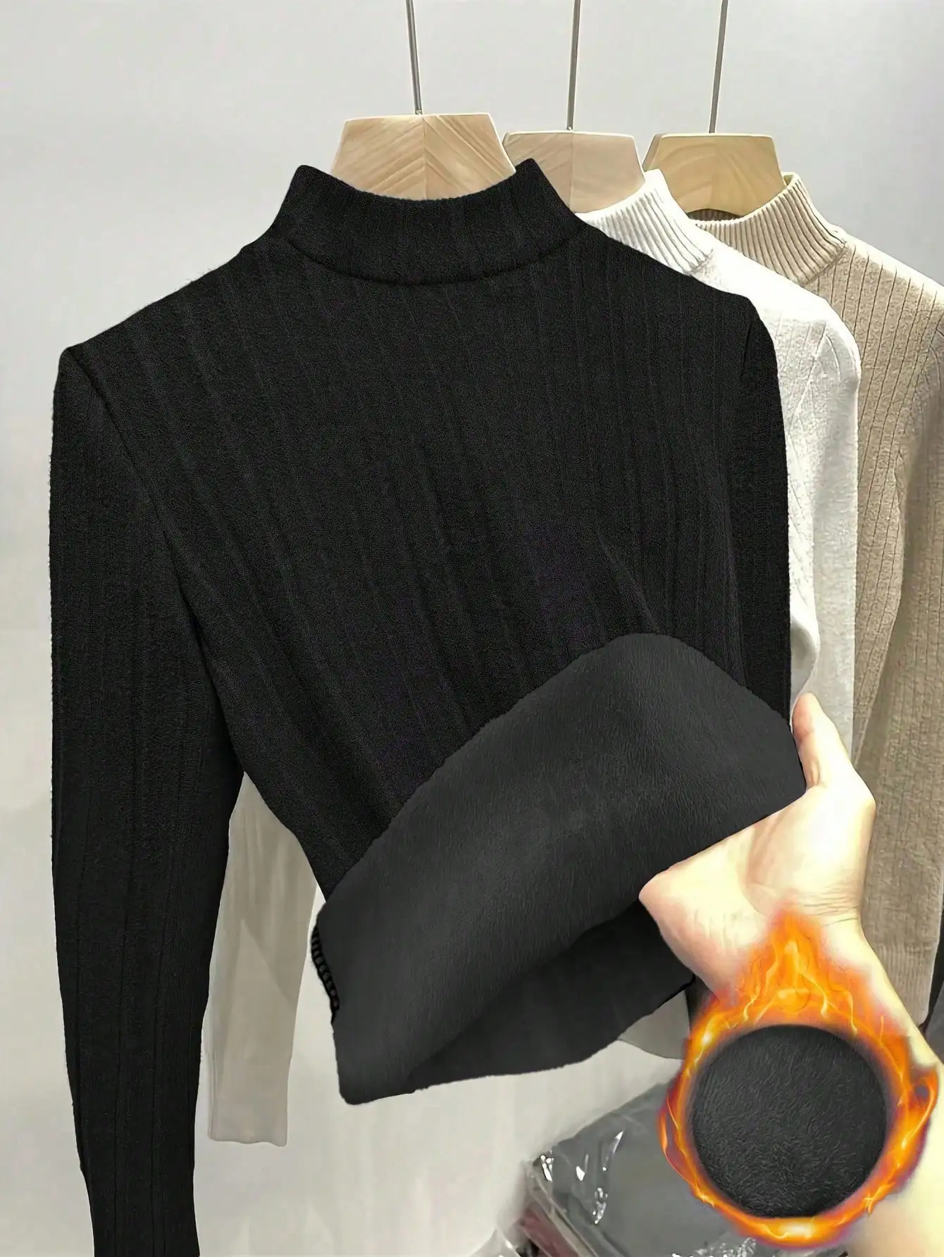 

Women's Thermal Lined Ribbed Turtleneck Long Sleeve Top for Fall Winter Warmth