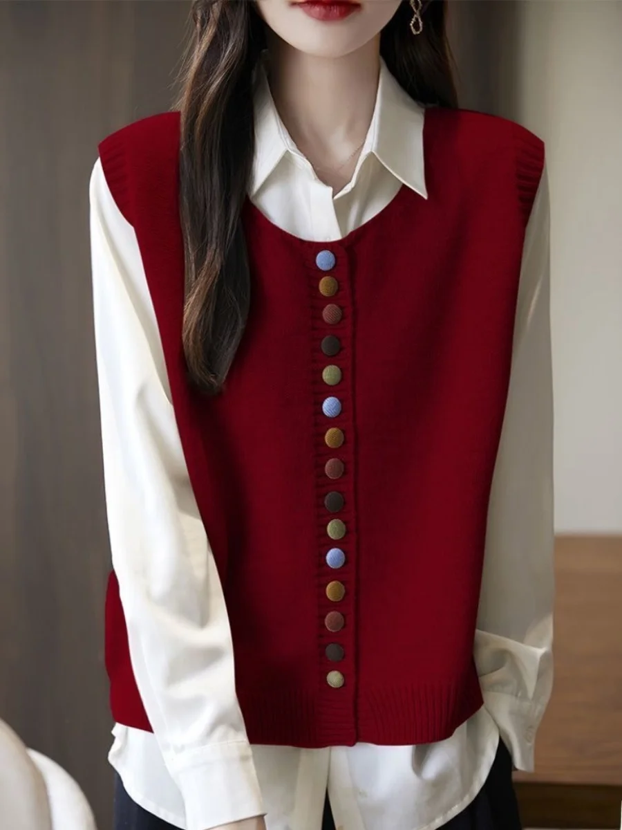 

Red Knitted Button up Vest Women's Fashionable Shoulder Top Sleeveless Layering Clothing Commute Style Regular Length