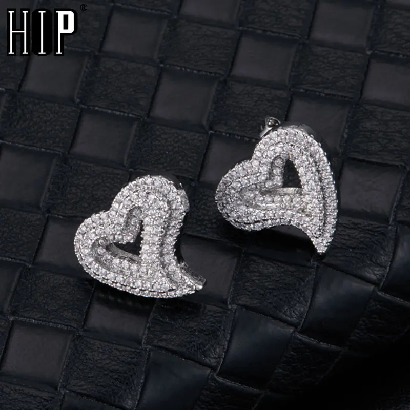 Hip Micro 1Pair Heart Shape Pave Baguette Cubic Zircon Stone Ice out Stud CZ Earring Bling Copper Earrings For Women Men Jewelry