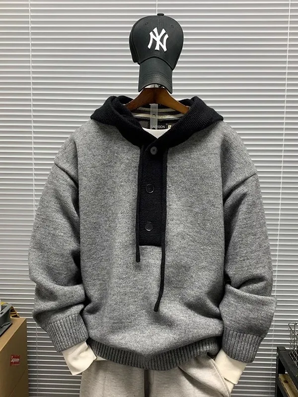 

Trendy Oversized Patchwork Color Blo Hoodie Men's Winter Thiened Warm Lazy Sle Knitted Sweater Coat Casual Youth Faion