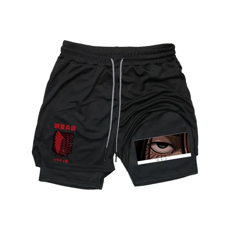 

Men Double-deck Shorts Gothic Attack OnTitan Levi Akman Print Shorts Summer Quick Drying Sports Fitness 2In1 Joggers Beach Short