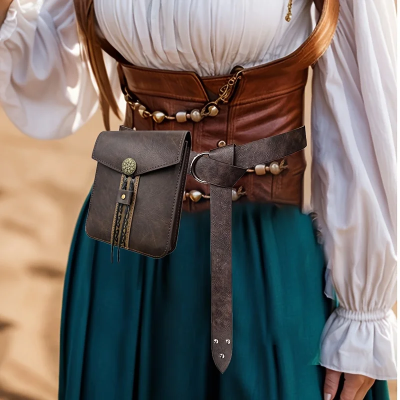 2pcs Medieval Vintage Imitation Synthetic Leather Belt, Retro Medieval Waist Bag, Portable Waist Bag,for LARP Ren Faire Hallowee view 2