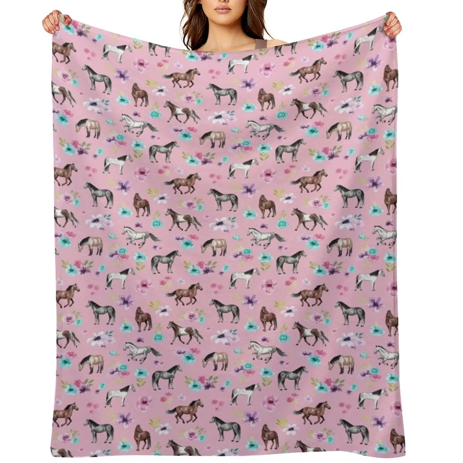 

Horses and Flowers on Pink, Equestrian Art, Horse Decor, Cowgirl, Horse Pattern Throw Blanket Shaggy Sofa Throw Blankets