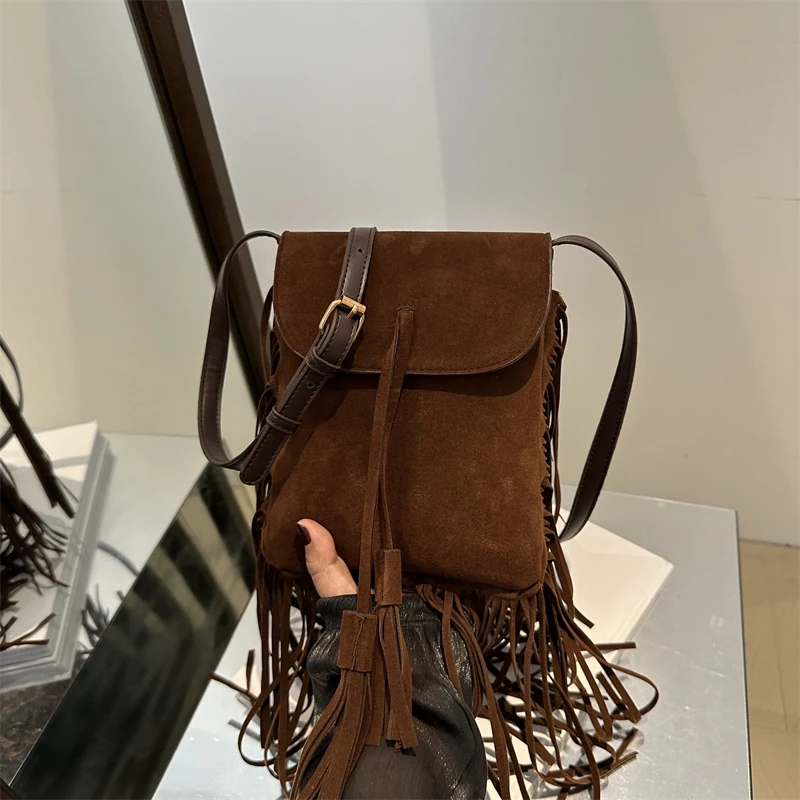 Women Retro Crossbody Bag Large Capacity Suede Vintage Messenger Bag Adjustable Strap Fringe Satchel Bag Female Shopping Bag