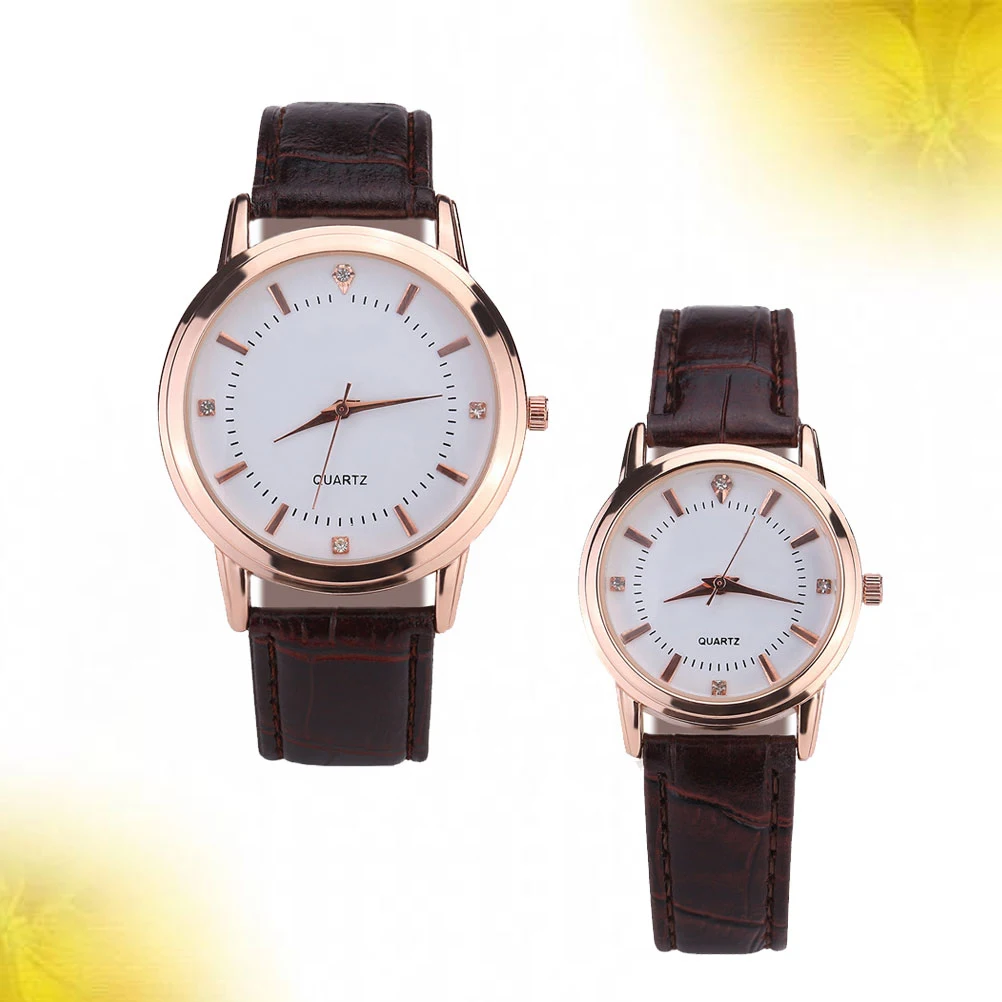 

2pcs Couple Quartz Watches Strap Brown Multi Diamond Elegant Durable Gift For Valentine Birthday Father'S Day Thanks