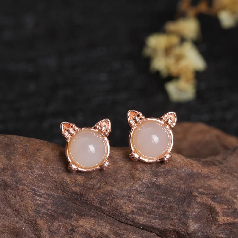 

BR White Jade Earrings - Sweet and Cute Cat Ear Accessories, 925 Silver Plated with Rose Gold Tassel and Hetian Jade, Ideal Gift