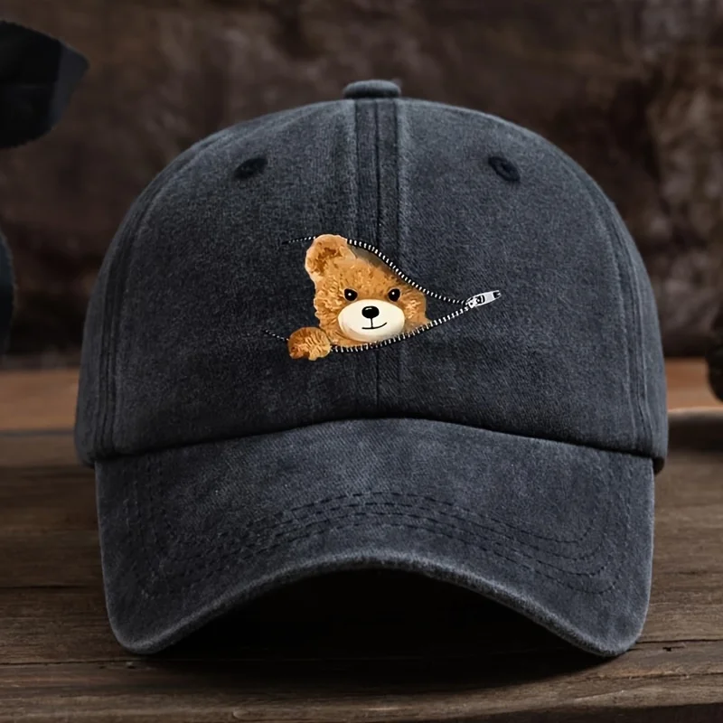 Zippered bear print baseball cap, outdoor sun protection cap, stylish full duckbill cap, black, machine washable baseball cap