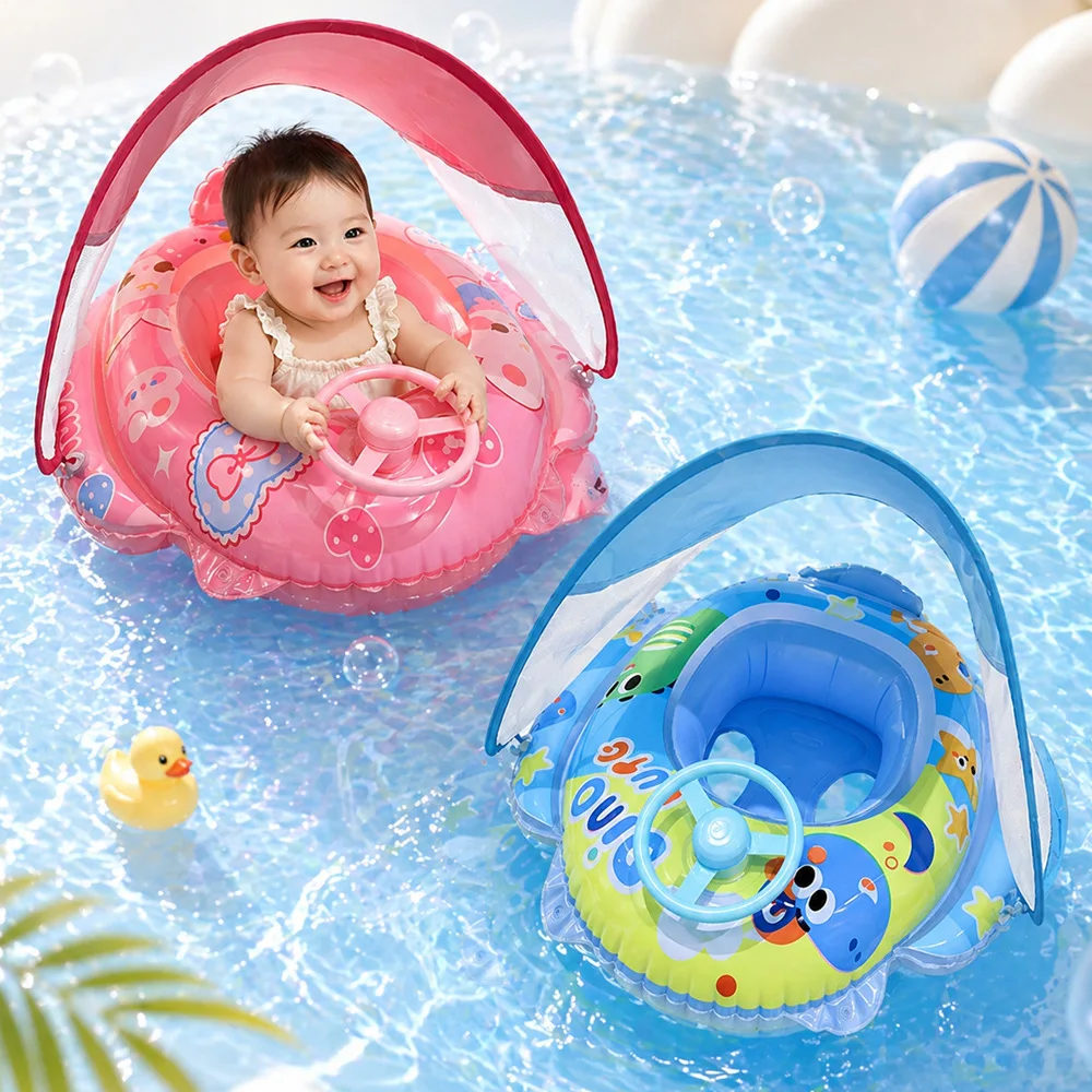 

2026 Kids Swim Ring With Canopy Baby Inflatable Boat Rabbit Pattern Toddler Seat Float Girls Swimming Water Play Equipment