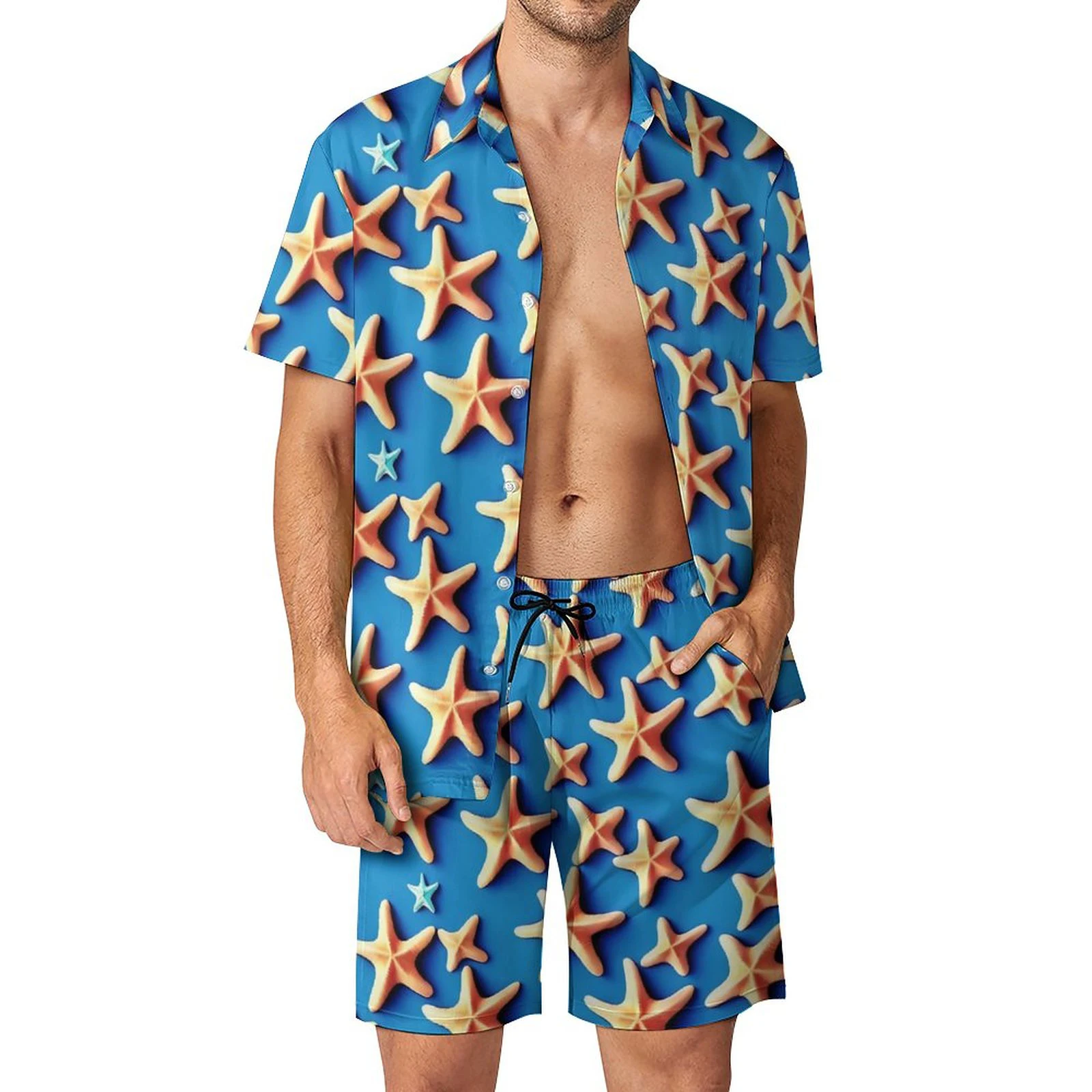 Conjuntos de camisa con estampado 3D de estrella de mar para hombre, camisa de manga corta, pantalones cortos de playa de gran tamaño, ropa de calle, trajes hawaianos, ropa de verano