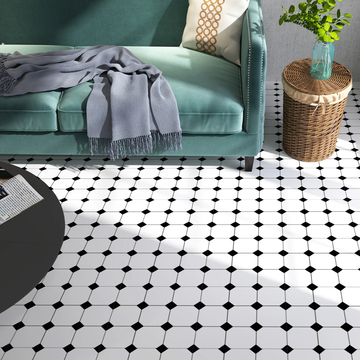 9PCS Scandinavian Style Self-adhesive Waterproof Floor Stickers Home Decoration Black & White Printed Patterns Non-slip Floor Ti