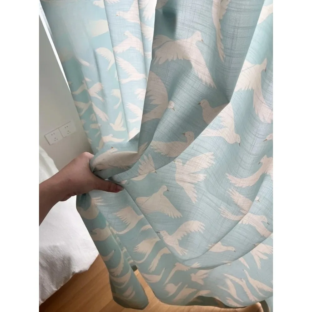 Nordic Simple Retro Semi Blackout Blue Bird Printed Curtains for Childrens Room Bedroom Kids Cotton Linen Texture Drapes Custom