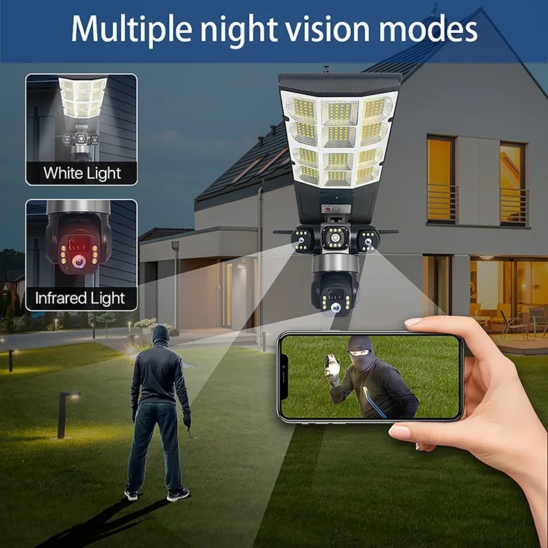 

LED Street Lamp 4G Wifi Camera 3 Lens APP Control PIR Human Detect Security Alarm CCTV Night Vision Solar Outdoor Recorder