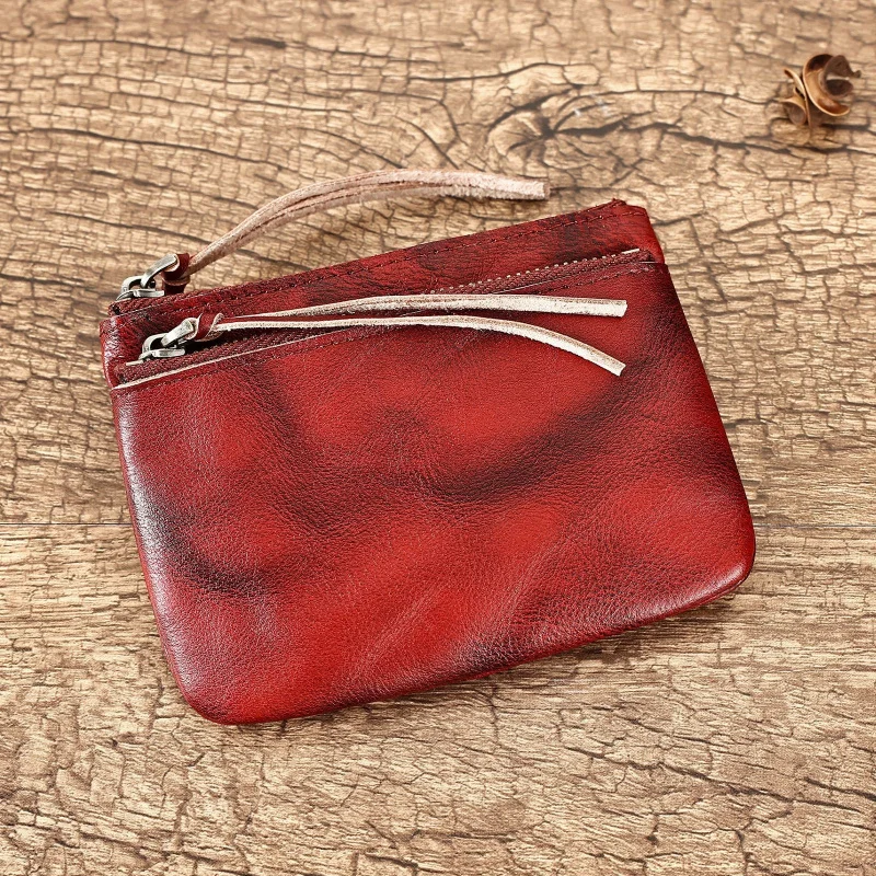 Monedero vintage de cuero genuino, gran capacidad, billetera con doble cremallera, múltiples ranuras para tarjetas, billetera delgada de cuero, monedero y tarjetero.