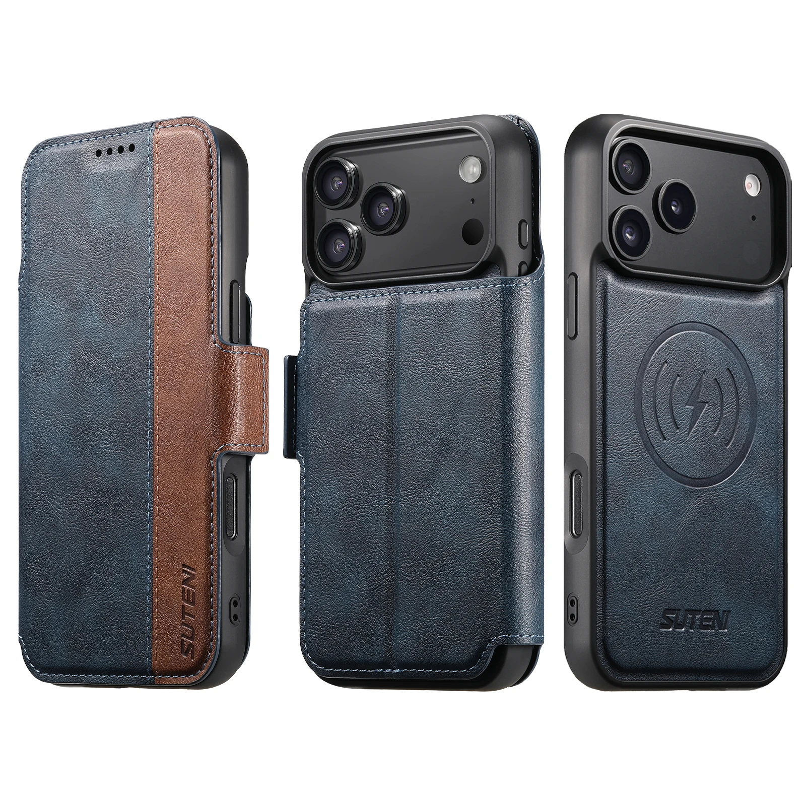 SUTENI Faux Leather Wireless Charging Card Holder Stand Wallet Magnetic Flip Cover Phone Case For iPhone 17 Pro Max 16 Plus 15