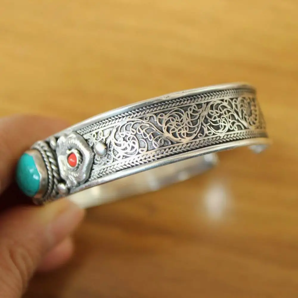 BR488 Ethnic Tibetan Silver Inlaid Turquoises Stone Filigree 14mm Open Back Women Cuff Bracelet