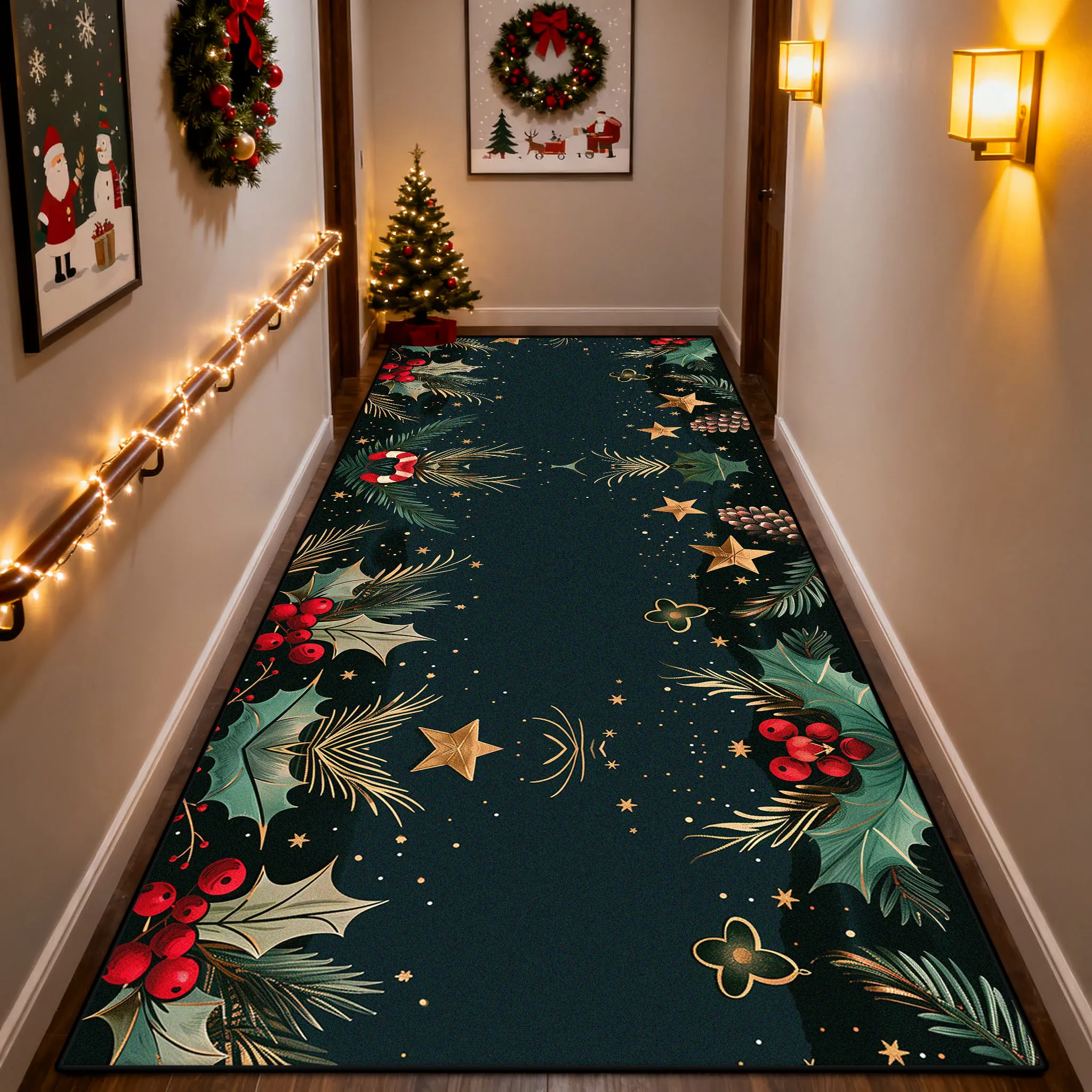 American Christmas Tree Soft Long Runner Carpet Decoration Doorway Hallway Non-slip Rug Easy Clean Lint-free Stair Floor Mat