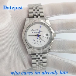 NH35 Watch Who cares im already late Watch 36mm/39mm No Logo Blue Text Matte Dial Sapphire Crystal Glass NH35 Automatic Movement