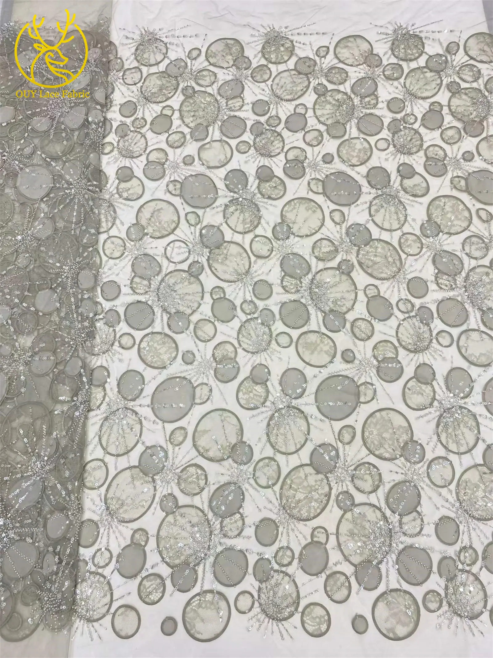 Luxuriöser afrikanischer Spitzenstoff mit Pailletten-Stickerei, gelb, 5 Yards, französischer nigerianischer Tüll-Spitzenstoff für Damen-Partykleider zum Nähen – Detail 18