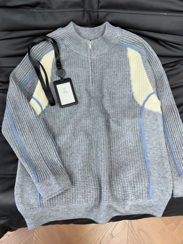 

American Contrast Color f Zip Knitted Sweater Men's Autumn Retro Color Blo Cool Knitwear Vibe Versatile Casual Top