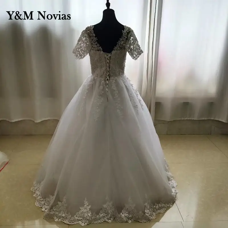 Y & m novias clássico colar quadrado branco marfim pérolas vestidos de casamento com manga renda applique borda para noivas vestidos mais tamanho