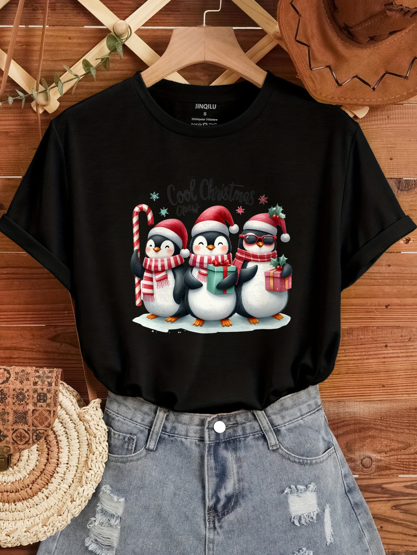 

2025 Three cute Christmas penguin graffiti prints tops Women's Junior Spring Summer Short Sleeve Broadcloth T-Shirt Breathable