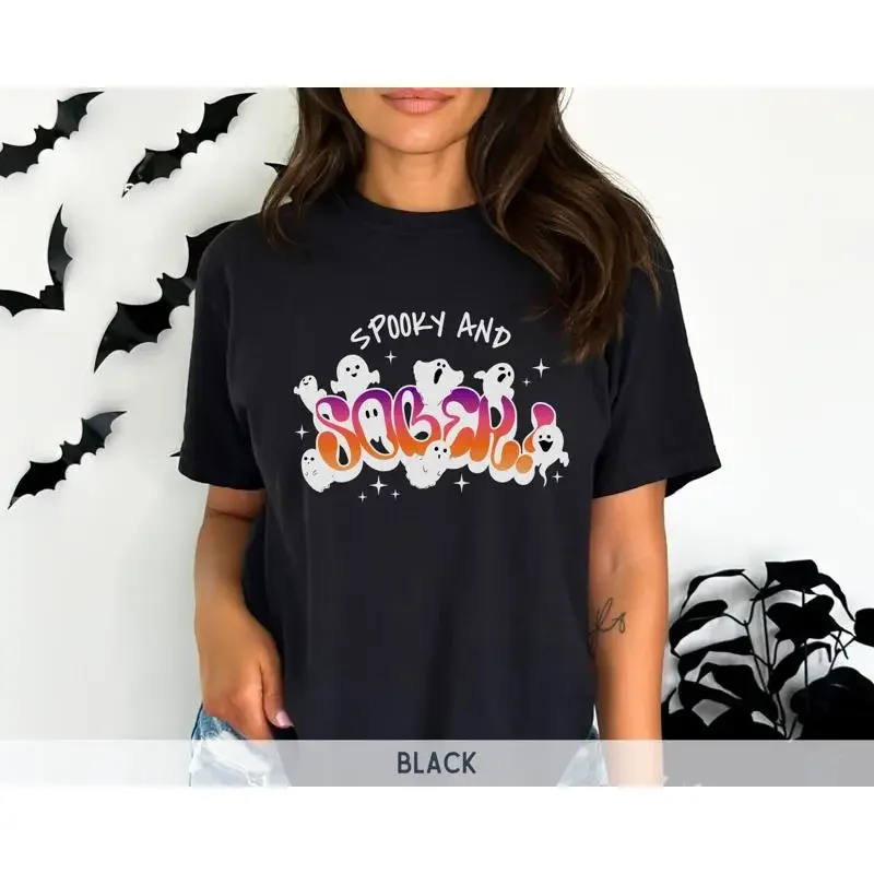 Spooky and Sober Halloween Sobriety T Shirt Recovery Cute Ghost We Do Recover Stay AA NA