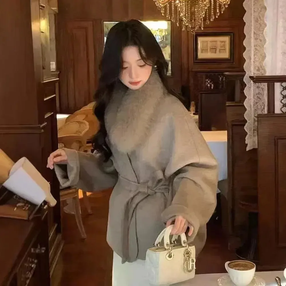 Femme réel manteau de fourrure de renard haut de gamme Double face veste en cachemire femmes veste en laine ample 2025 automne hiver nouveau manteau en laine dame