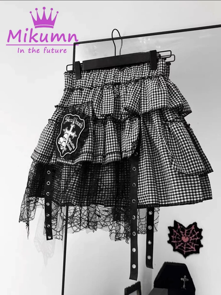 Mikumn Harajuku Girls Kawaii Punk Mini Skirts Y2k Gothic Lolita Black White Plaid Lace Cake Skirts Women A-line Rock Short Skirt