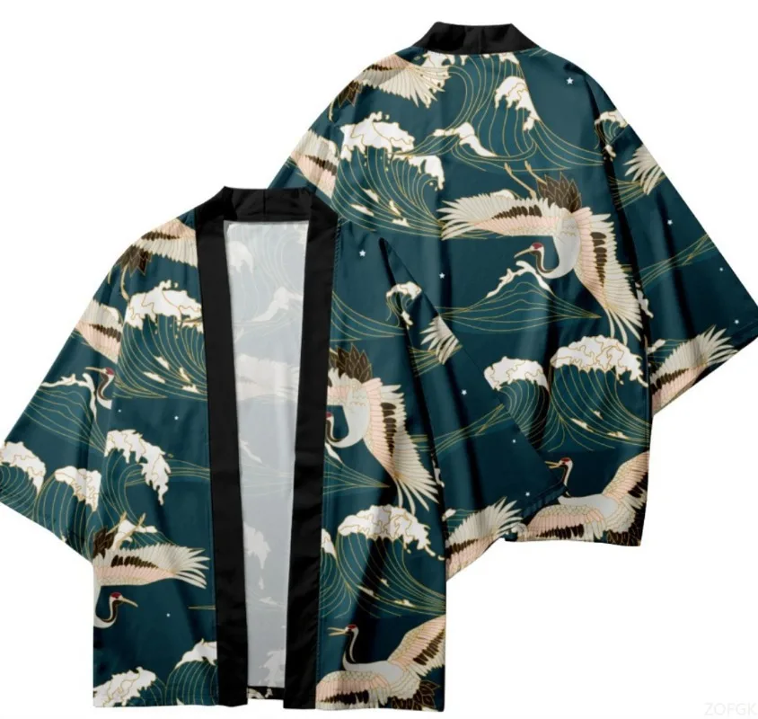 Ukiyo-e النمط الصيني كرين التنين سبعة ركن كم ريشة المنسوجة عباءة كيمونو رداء ثلاثية الأبعاد مطبوعة سترة علوية #6