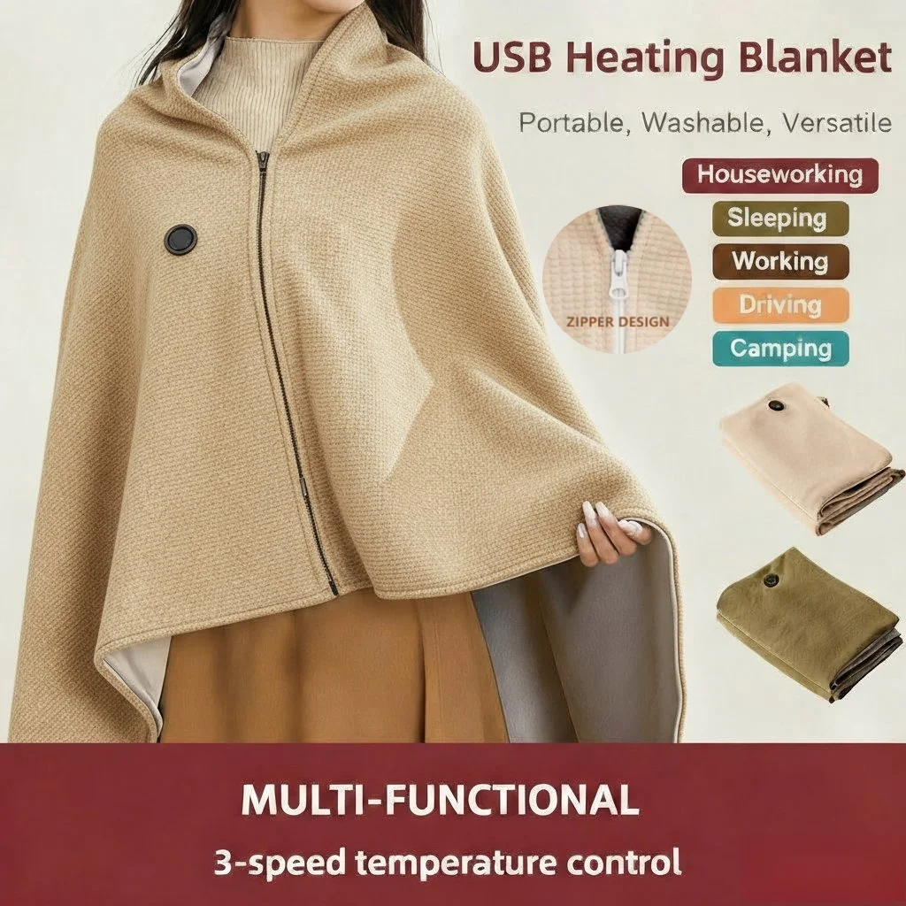 Wearable Electric Heated Blanket 3-Speed Temperature USB Charging Portable Graphene Heating Shawl for Home Office Outdoor Use