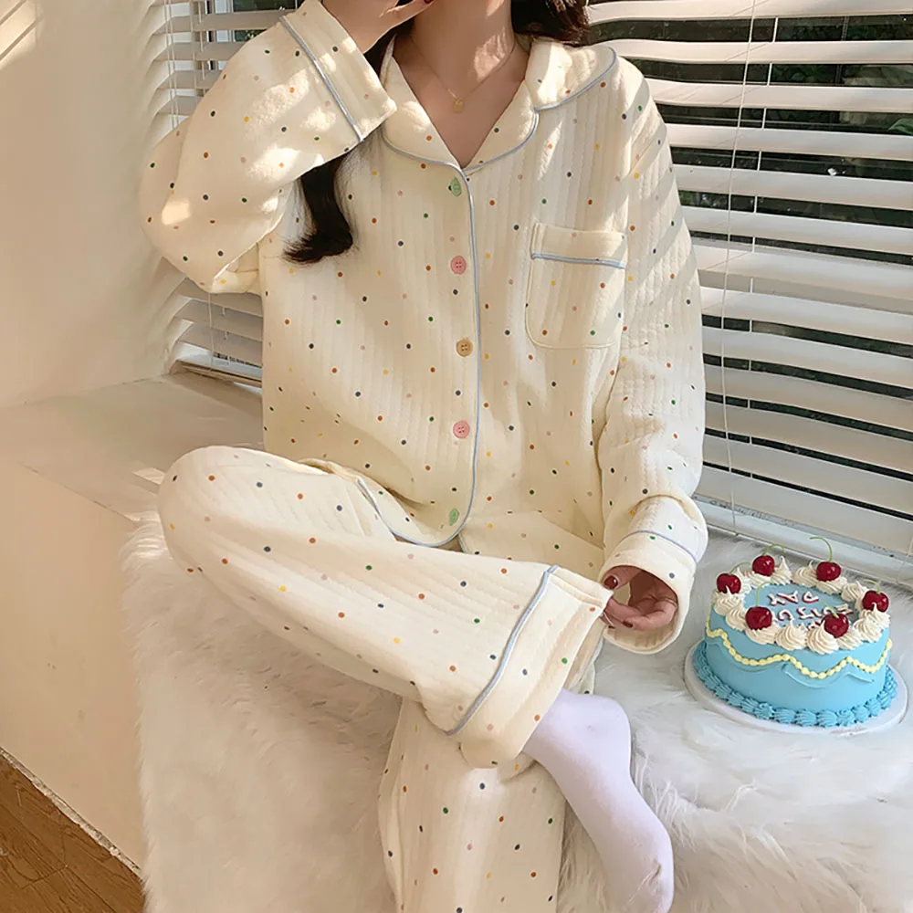 Cotton Pajama For Women's Fall Winter Thicken Warm Lapel Long Sleeve Cardigan Top+Elastic-waist Pants 2Pcs Ladies Home Wear Set