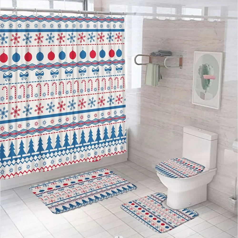 Buffalo Plaid Reindeer Shower Curtain Set With Rugs Toilet Lid Cover Xmas Geometric Snowflake Christmas Decor Bathroom Curtains