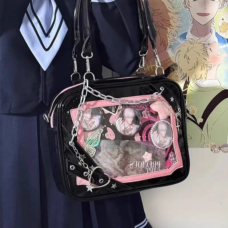 

Черно-розовая лоскутная японская Y2k Itabag с цепочкой в стиле панк, дизайнерская сумка на плечо с пряжкой в виде сердца, готическая сумка из искусственной кожи, сумка-мессенджер для девочек