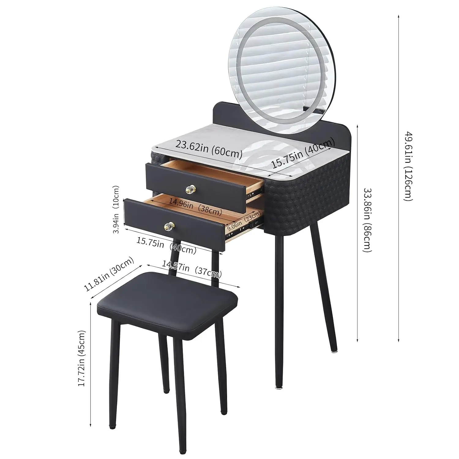 Round Lighted Mirror Makeup Vanity with 2 Drawers & Cushioned Stool, Small Dressing Table for Bedroom Dressing Room, Customized