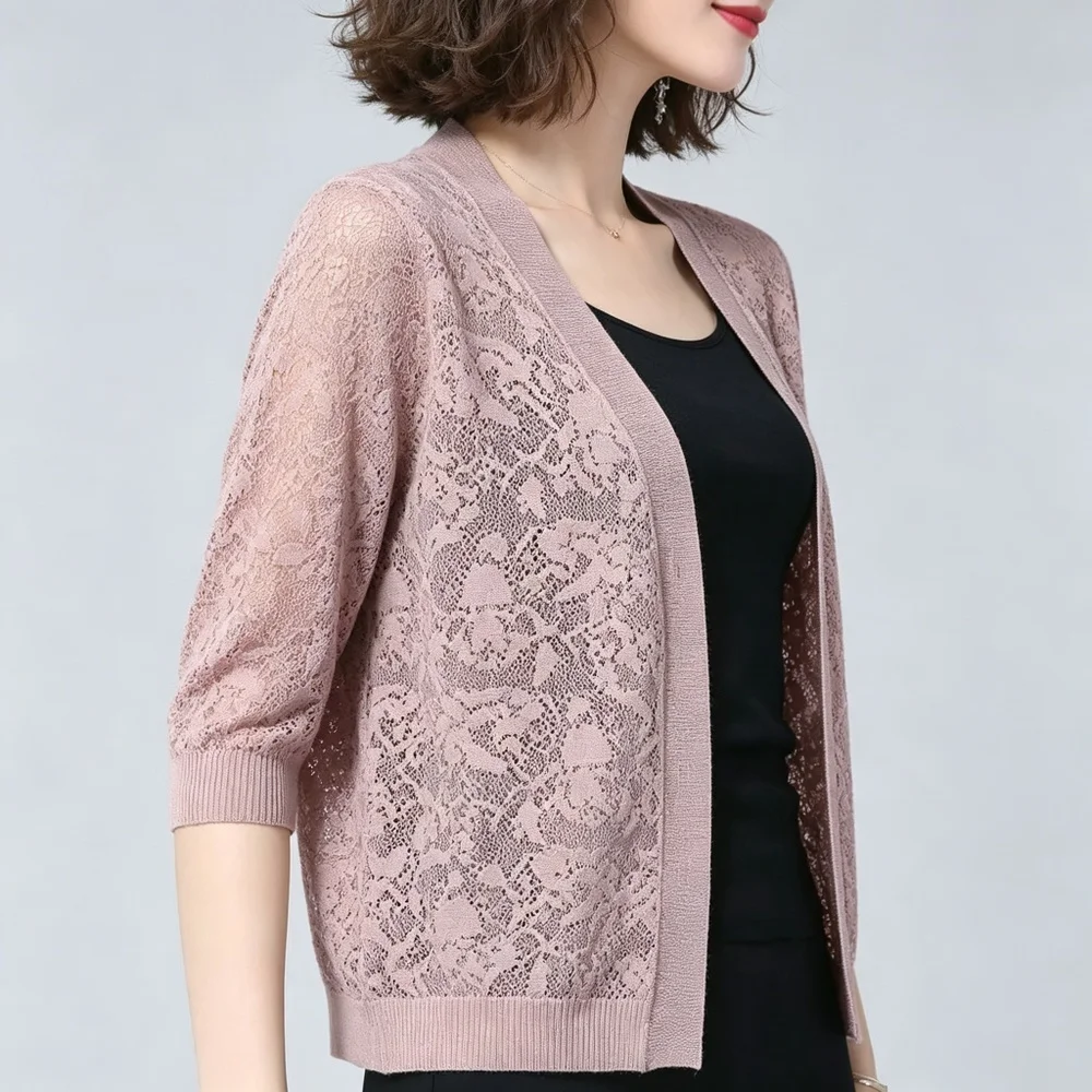 Summer Cardigan Women Beach Resort Vacation Seaside Кардиган Brick Red Hollow Out Knit Open Front Elbow Sleeve Ribbed Diva