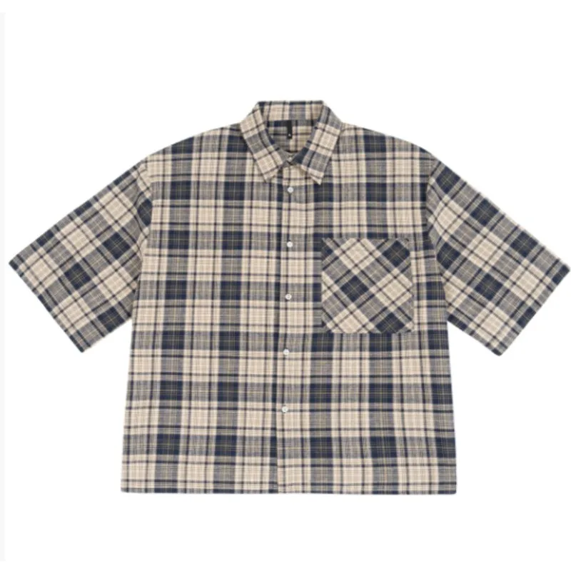 Vintage Plaid Shirts Mans 2025 Spring Summer Baggy Short Sleeve Shirts for Men Korean Fashion Clothes Teenagers
