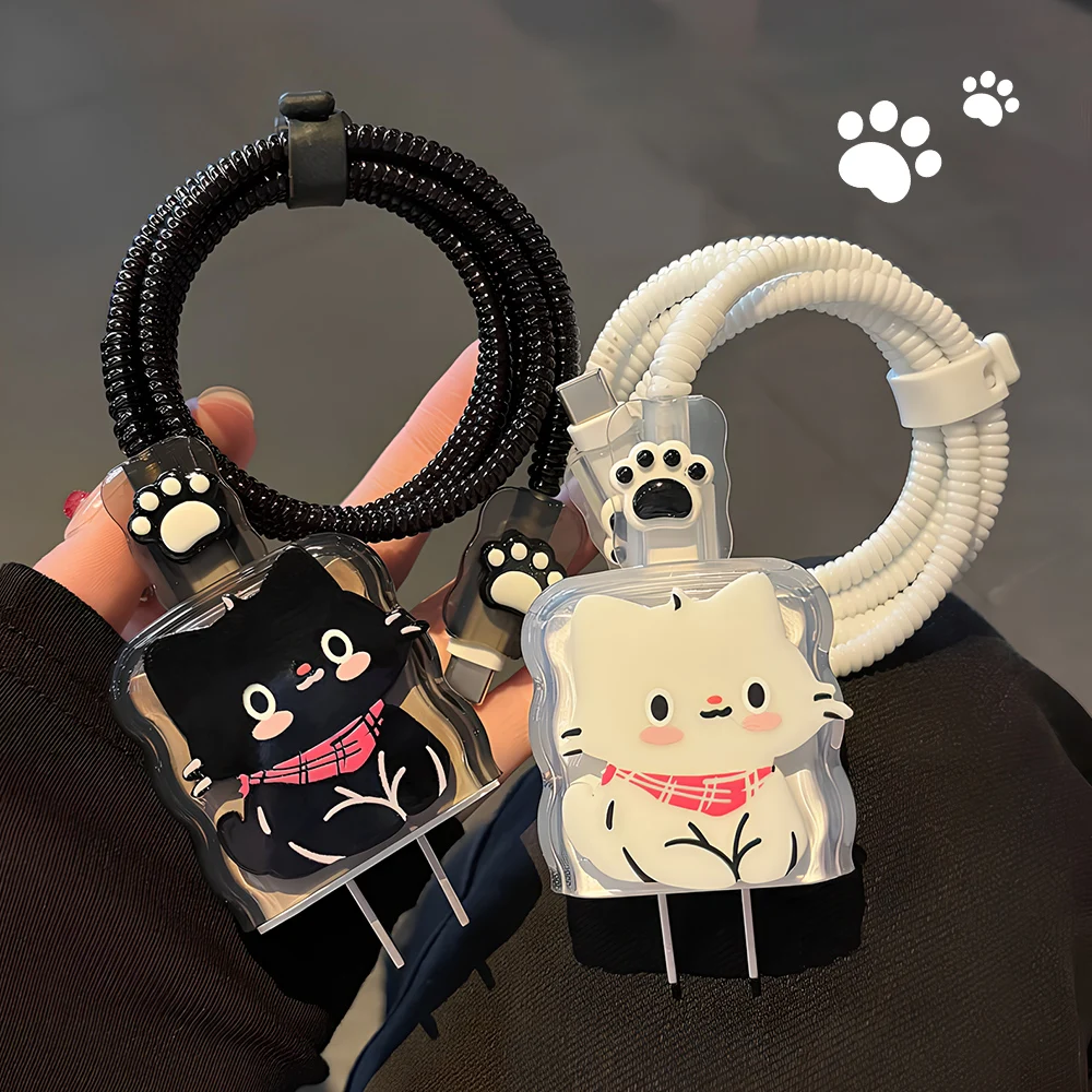 For iPhone Cute Animal Cat Cable Protector Cover With Winder Data Organizers New 20W 18W Charger Head Phone Wire Cord